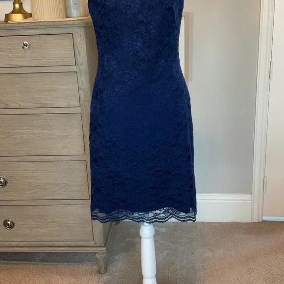 Ralph Lauren Sleeveless Dress Mid Length Navy Blue Lace Dress Size 4 Formal - Picture 4 of 15